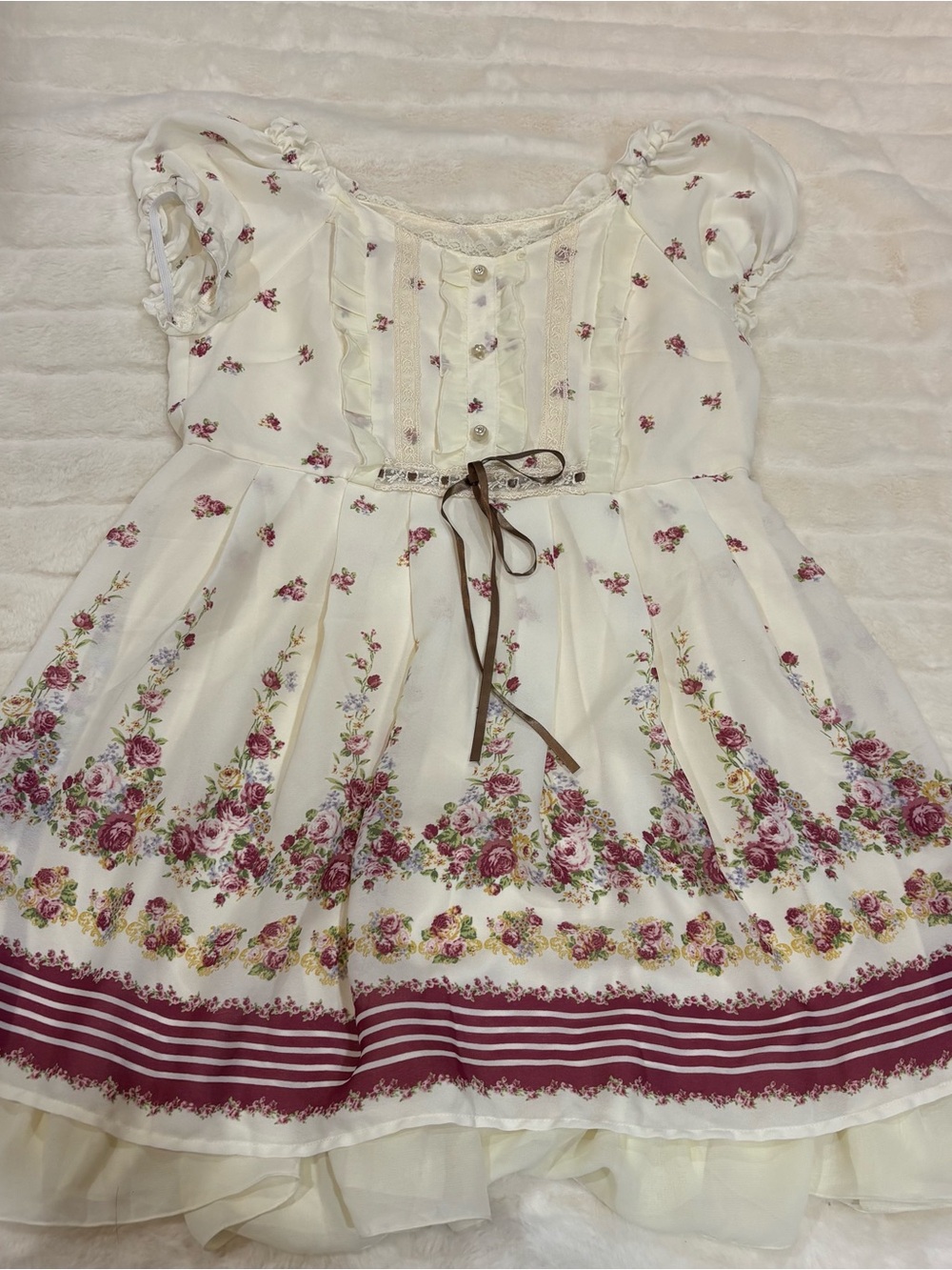 Vintage Cream Floral Dress with Burgundy Accents